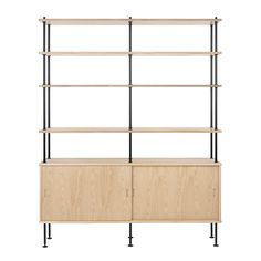 a wooden shelf with black metal legs and shelves on each side, against a white background