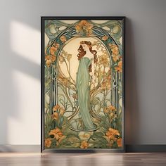 an art nouveau poster with a woman in a green dress surrounded by flowers and vines