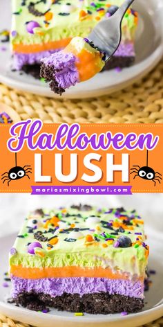 Looking for Halloween treats to make? This easy lush recipe is a perfect Halloween party idea! You can't go wrong with this simple Halloween dessert. With an Oreo cookie crust and colorful pudding layers, this no-bake Halloween lush is fun and festive! No Bake Halloween Lush, East Halloween Desserts, Halloween Desserts For Contest, Halloween Lush Dessert, Dessert Lush Recipes, Easy Halloween Baked Treats, Oreo Dessert Halloween, Halloween Pies Desserts, Super Easy Halloween Desserts