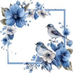 two birds sitting on top of blue flowers with a white frame in the middle that is surrounded by smaller blue and white flowers