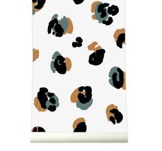 a white and brown wallpaper with black, orange, and grey circles on it