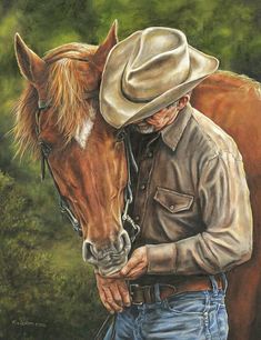 a painting of a man in cowboy attire holding the bridle of a horse