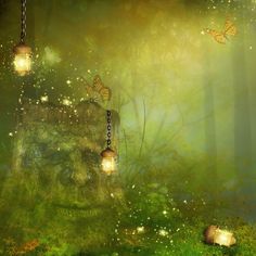 a green forest with lanterns hanging from chains and butterflies flying over the trees in the background