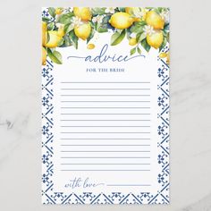 an advice card with lemons and flowers on the border is shown in blue ink