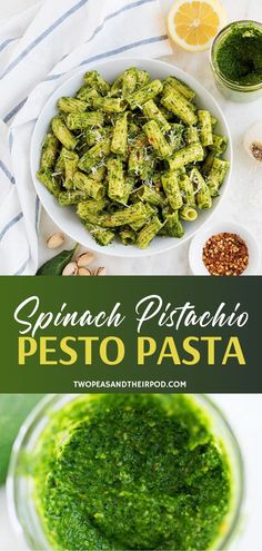 pesto pasta with spinach pesto sauce in a bowl and on the table