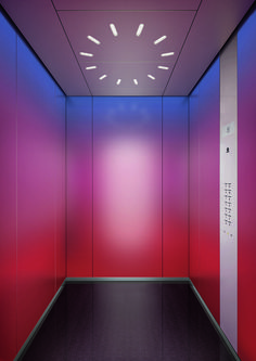 an empty room with red and purple walls, lights on the ceiling and door to another room