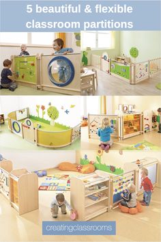 a series of photos showing children's playrooms