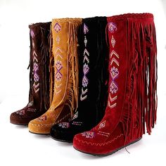 Women's Vintage Suede Fringe Knee-High Boots - Boho Style, Embroidered Details, Comfortable Moccasin Sole, Perfect for Festival Wear and Casual Outfits 2024 - $59.99 Indian Boots, Native American Moccasins, Bota Country, Unique Boots, Winter Fashion Boots, Hippy Chic, Moccasin Boots, Fringe Boots, Boots High