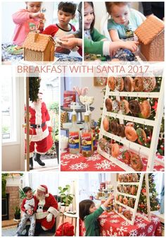 several pictures of children decorating and eating doughnuts in santa's pajamas