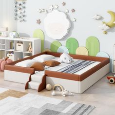 a child's bedroom is decorated in pastel colors, including white and brown