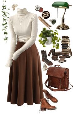 Long Brown Skirt Outfit, Edwardian Cottage, Dark Academia Fashion, Cottagecore Outfits, Academia Fashion