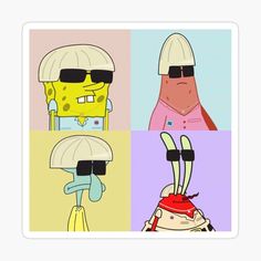 four different cartoon characters with sunglasses on their heads and one has an umbrella over his head