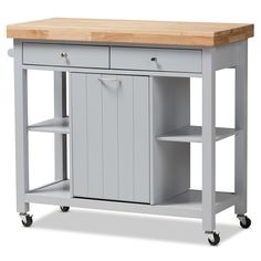 a kitchen island with butcher block top on casteors and wheels is shown in front of a white background