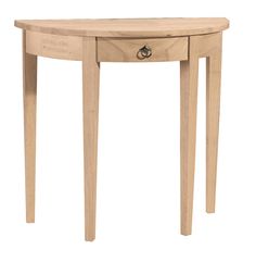 a small wooden table with one drawer on the top and two legs at the bottom