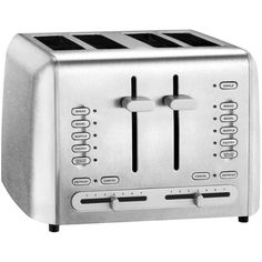 a silver toaster sitting on top of a white table