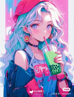 an anime character holding a drink in her hand