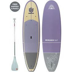 a purple surfboard with an oar and paddle next to it on a white background