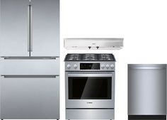 three appliances are shown side by side, including a stove, refrigerator and dishwasher