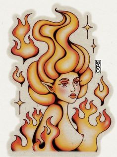 a drawing of a woman with flames on her face