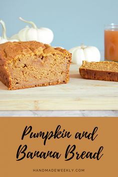 pumpkin and banana bread on a cutting board with a glass of orange juice in the background