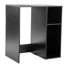 a black desk with an open shelf on it