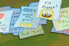 several pieces of paper that say sorry and i'm sorry with spongebob characters on them