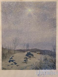 an image of a snowy landscape with trees and stars in the night sky above it