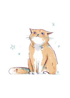 an orange and white cat sitting on top of a snow covered ground with stars in the background