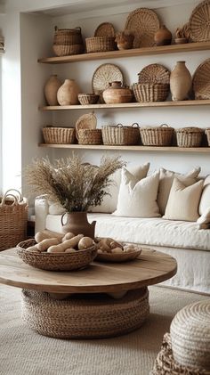 Cozy living room with rustic wooden shelves, linen sofa, natural wood coffee table, and earthy decor in calming tones. Woven Cushions, Natural Wood Coffee Table, Rustic Wooden Shelves, Decorative Vases, Linen Sofa, Dark Beige, Wooden Shelves