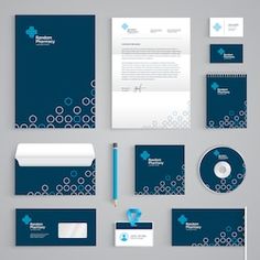 the stationery is designed in blue and white