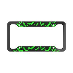 a black and green license plate frame with bats on it's side, in front of a white background