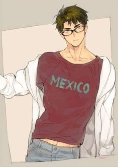 a drawing of a man with glasses wearing a shirt that says mexico on the front