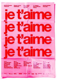 a pink poster with the words je tamme written in red on it's side