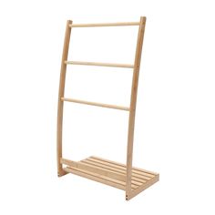 a wooden shelf with two shelves on each side