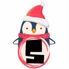 a penguin wearing a santa hat and scarf with the letter e on it's chest