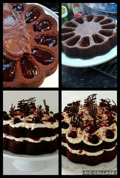 four different pictures of cakes with chocolate frosting and cherries on the top one