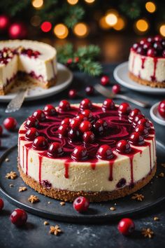 A photo of a  Cranberry Swirl Cheesecake which is a type of Christmas Cheesecake Recipes Christmas Cooking Recipes, Easy Cranberry Cheesecake, Christmas Cheesecakes, Rum Cheesecake Recipe, Unique Cheesecake Flavors, Cranberry White Chocolate Cheesecake, Cranberry Cheesecake Recipes, Unique Cheesecake, Holiday Cheesecake Recipes