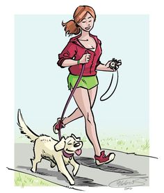 a woman walking her dog on a leash