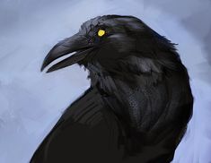 a painting of a black bird with yellow eyes