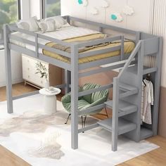 a loft bed with stairs and storage underneath