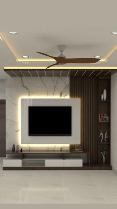 modern living room with white walls and marble flooring, ceiling fan and tv on the wall