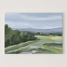 Landscape painting depicting rolling hills with trees and fields. Abstract Mountain Art, Painting Castle, Colorful Scenery, Castle Rock Colorado, Green Scenery, Ski Town, Acrylic Landscape, Landscape Paintings Acrylic, Mountain Wall