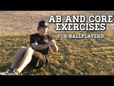 a man sitting on top of a grass covered field next to a sign that says ab and core exercises for ballplayers