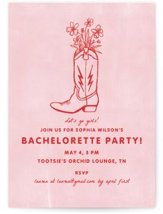 a pink party card with a cowboy boot and flowers