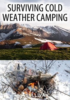 there are two pictures with the words surviving cold weather camping on them and an image of a tent in the snow