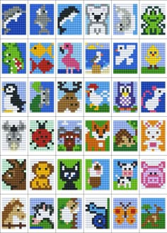 cross stitch pattern with many different types of cats and dogs in squares, all made up of