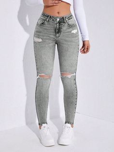 Distressed Skinny Jeans Light Grey Casual   Denim Plain Skinny High Stretch  Women Clothing, size features are:Bust: ,Length: ,Sleeve Length: Ripped Gray Jeans For Fall, Gray Ripped Jeans For Fall, Distressed Gray Jeans For Spring, Gray Ripped Jeans For Spring, Spring Ripped Gray Jeans, Gray Distressed Jeans For Fall, Spring Gray Ripped Jeans, Design Jeans, Clothing Model