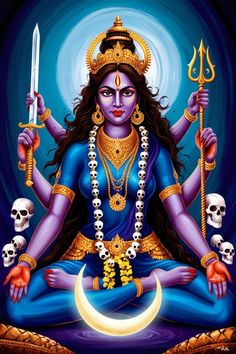 the hindu goddess sitting on her knees with two swords in her hands and skulls around her neck