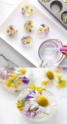 the process of making edible flowers is being made with muffins and cupcake tins