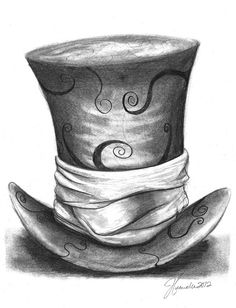 a black and white drawing of a top hat with a scarf around it's neck